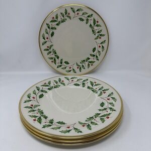 Lenox Holiday Dimension Dinner Plate Set of 4 Gold Trim USA Bone China Christmas